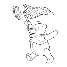 Winnie Bear with a net trying to catch a butterfly
