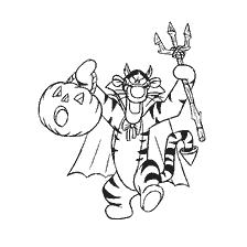 Tiger from Winnie Bear dressed as a superhero with pumpkin and trident