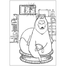 coloring page: Bear with a toy in his paws in the background of the room