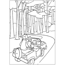 coloring page: Season of hunting with heroes on the car in the woods