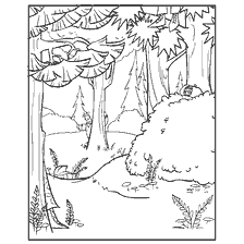 coloring page: Hunting season: pines and hunters in the forest