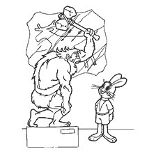 Immagine del cartone animato "Beh, aspetta!", dove il lupo si trova vicino alla lepre di fronte alla statua