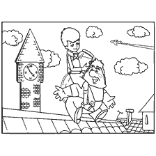 Bébé et Carlson sur le toit avec une horloge et des nuages