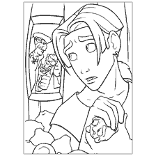 coloriage: Colorer un personnage de la Planète du Trésor, assis dans un baril de trésor et d'expression faciale tendue.