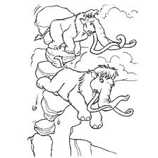 Manny and Ellie from the Ice Age on a coloring book, escape from a cliff