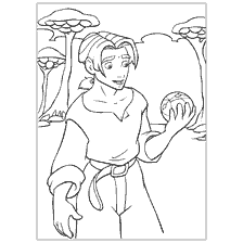 coloriage: Un jeune homme avec une balle sur fond d'arbres fantastiques