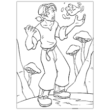 coloriage: Garçon avec Morph au milieu de plantes étranges