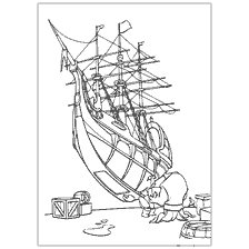 coloriage: Photo avec un bateau et un personnage de la planète Trésor