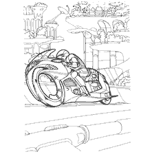 coloring page: Drawing of a motorcycle prototype against the background of a futuristic city