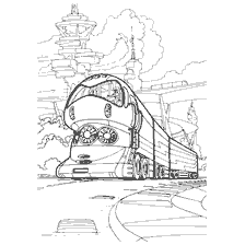 coloring page: Coloring picture of a road train in a futuristic city