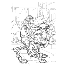 coloring page: A drawing of a child's self-step, in which a child drives a futuristic transport with mechanical legs.