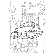 coloring page: Coloring picture with anti-gravity transport in a futuristic city