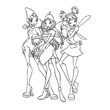 Three fairies from the Winx Club in black and white for coloring