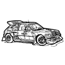 coloring page: Coloring of a racing car in the style of rally and Formula 1 1985
