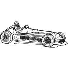 coloring page: Drawing of a retro Formula 1 racing car with a driver behind the wheel