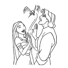 Pocahontas i John Smith witają się z ptakiem nad głową