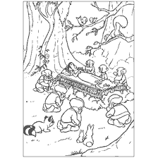 Snow White and the Seven Dwarfs, where Snow White sleeps and seven dwarfs and animals surround her