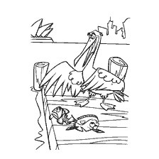 Tekening uit het kleurboek Op zoek naar Nemo met een pelikaan en vis