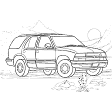 Coloring Chevrolet Blazer against the background of mountains and sun