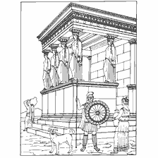 Colorir o Templo em Atenas com a figura de um guerreiro, um cão e uma mulher no fundo