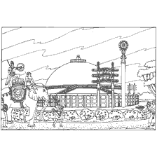 Desenho da arquitetura budista do mundo antigo retratando um templo e um elefante