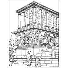 Desenho do Altar de Zeus com esculturas características e elementos arquitetônicos