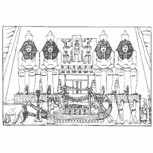 Antigo templo egípcio com estátuas e faraós