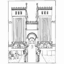 Desenho do palácio do rei Sargon com portões altos e estátuas de leões