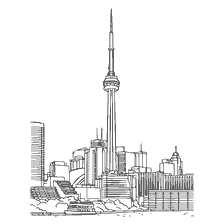 coloring page: View of the CNN Tower in Toronto, Canada, in coloring style.