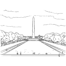 coloring page: Coloring of the Washington Monument in the United States depicting people and nature