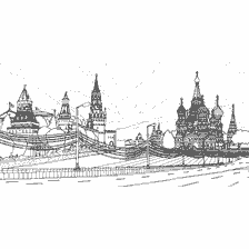 coloring page: Coloring of the Moscow Kremlin with a modern European landscape