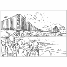 coloring page: Coloring the Golden Gate Bridge in San Francisco with children in the foreground