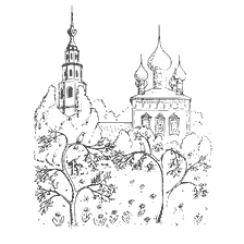 coloring page: Drawing of the Korsun Church in Uglich with birds on trees