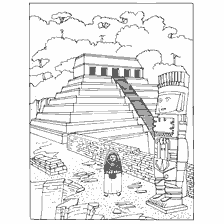 coloring page: Temple in Mexico with the image of a pyramid and a statue of a warrior