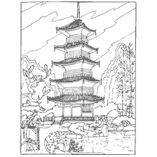 coloring page: Image of Buddhist pagoda with architectural elements and natural surroundings