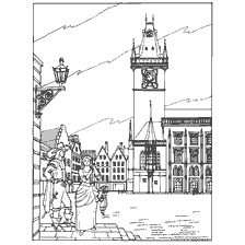 coloring page: Modern view of the Town Hall in Prague, XVI century, Gothic style, central square