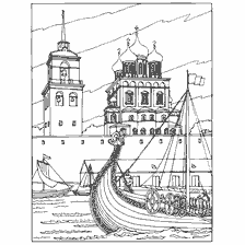 coloring page: Views of the Trinity Cathedral and the fortress in Pskov