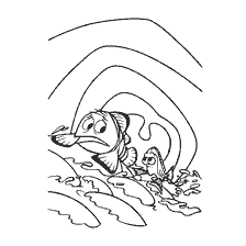 Tekening uit het kleurenboek "Finding Nemo" - de binnenkant van een walvis met Nemo en Marlin
