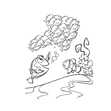 Tekenen met karakters uit Finding Nemo, waar de ene vis met de andere spreekt, en rustige vissen zwemmen erboven.