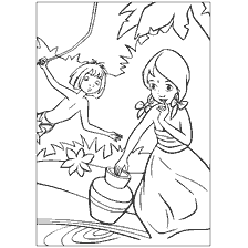 página para colorear: Mowgli y la chica en el fondo de la selva
