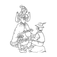 pagina da colorare: Illustrazione alla fiaba di Hans Christian Andersen: personaggi e un vaso magico