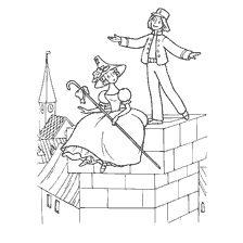 pagina da colorare: Immagine dal libro di colorazione di Hans Christian Andersen, raffigurante un pastore e una spazzacamino sul tetto della casa.