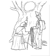 pagina da colorare: Una scena della storia di un soldato e di una strega dove un soldato incontra una vecchia da un albero.
