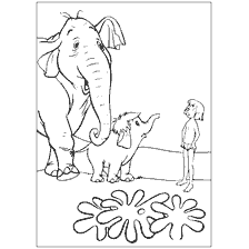 página para colorear: Mowgli junto a un elefante adulto y elefante en un libro para colorear