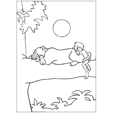página para colorear: Mowgli y Bagheera descansan en una rama de árboles, rodeada de la selva.