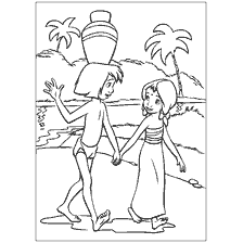 página para colorear: Mowgli y una chica caminando por el río