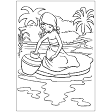 página para colorear: Una chica en un pañuelo recoge agua del río