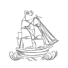 kleurplaat: Een schip met zeilen en een piratenvlag te midden van golven