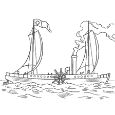 kleurplaat: Tekening van een stoomboot met rook tegen de achtergrond van de zee