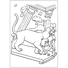 página para colorear: Dibujo de Bagheera y Mowgli sobre el fondo de las ruinas.